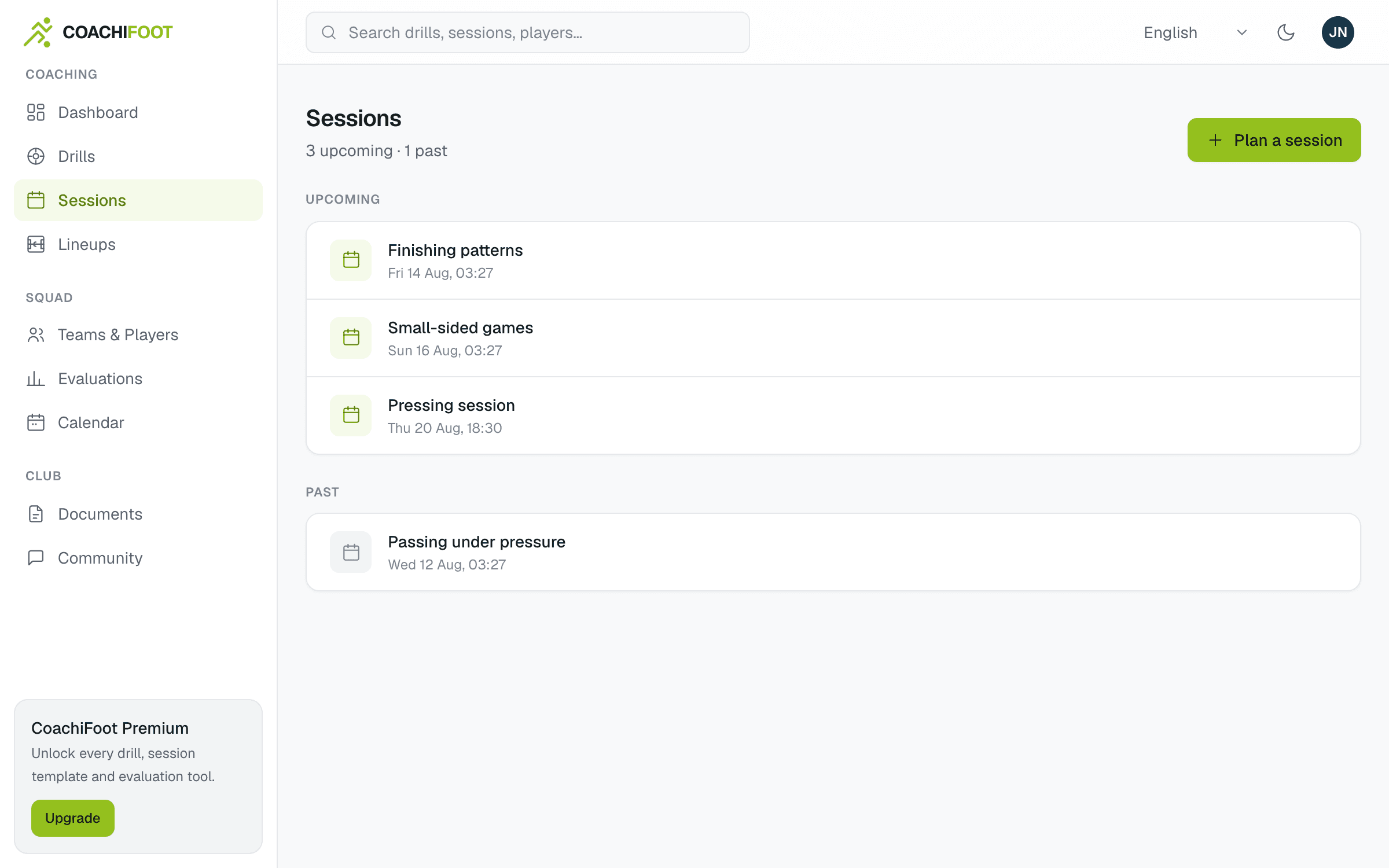 The CoachiFoot session planner